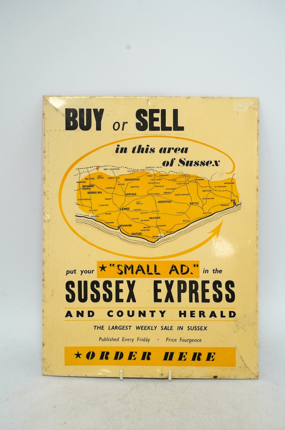 Four mid century printed advertising signs, Sussex Express, Caran D'ache, Smiths Crisps and Bulmer cider, largest 24 x 30cm. Condition - fair